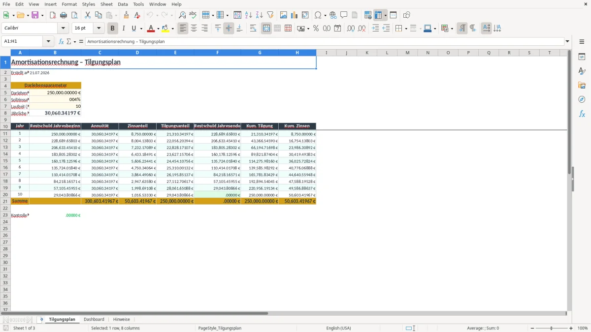 Screenshot 1: Arbeitsblatt Tilgungsplan - Excel-Vorlage amortisationsrechnung excel