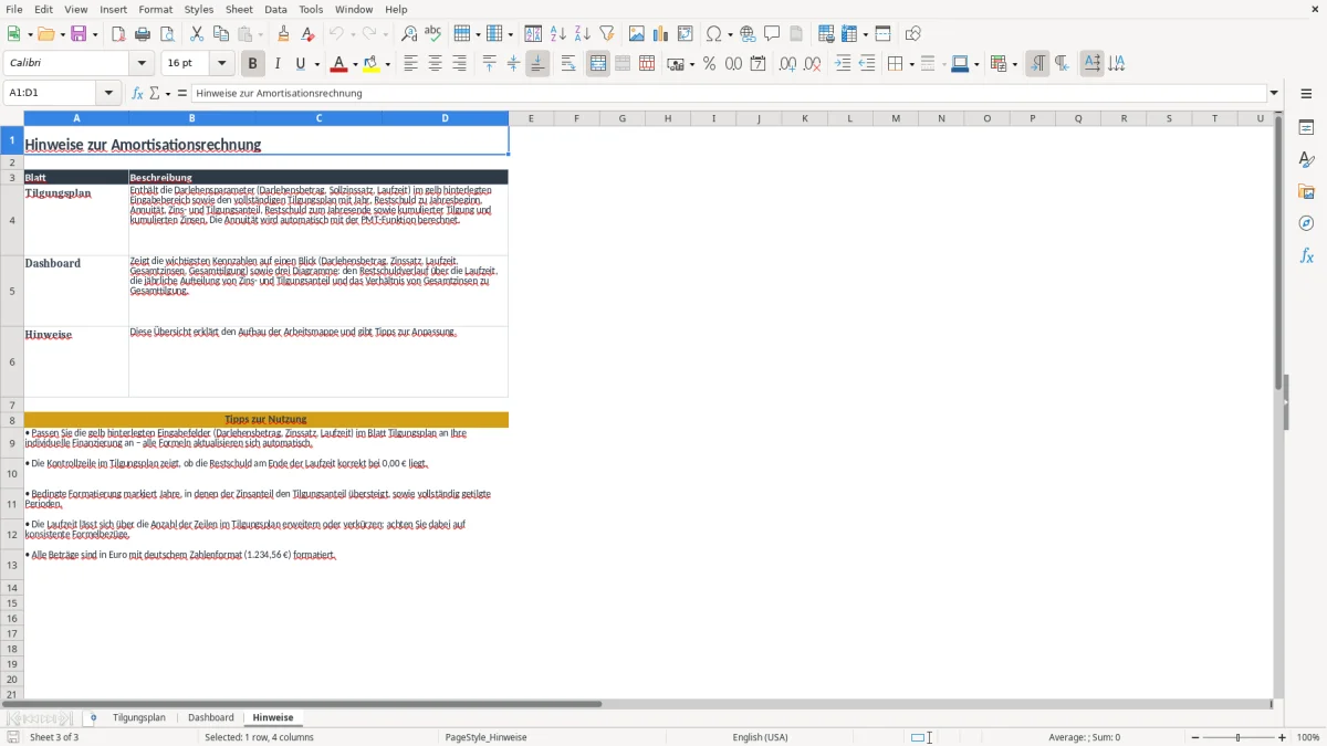 Screenshot 3: Arbeitsblatt Hinweise - Excel-Vorlage amortisationsrechnung excel