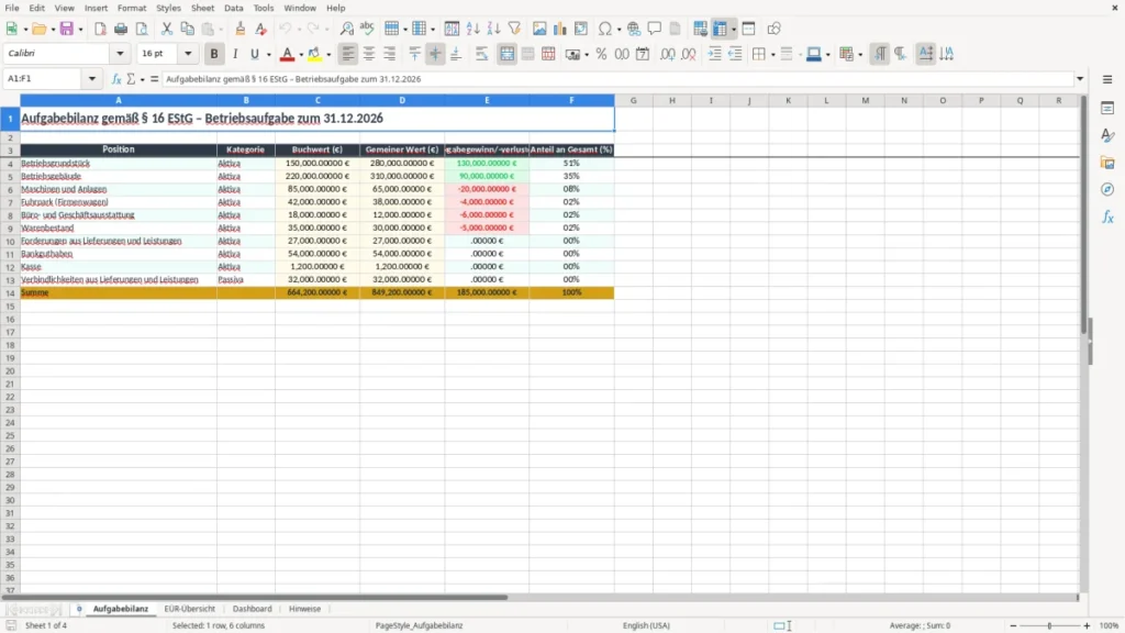 Aufgabebilanz – Aufgabebilanz EÜR Excel – Kostenlose Vorlage (2026)