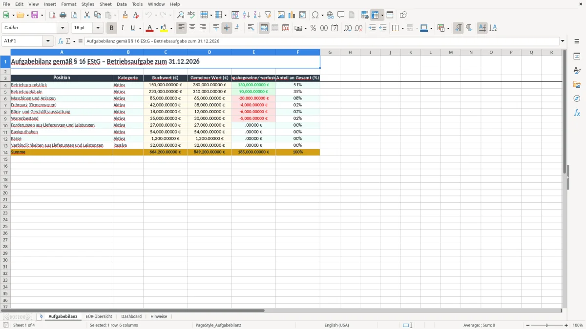 Screenshot 1: Arbeitsblatt Aufgabebilanz - Excel-Vorlage aufgabebilanz eur excel