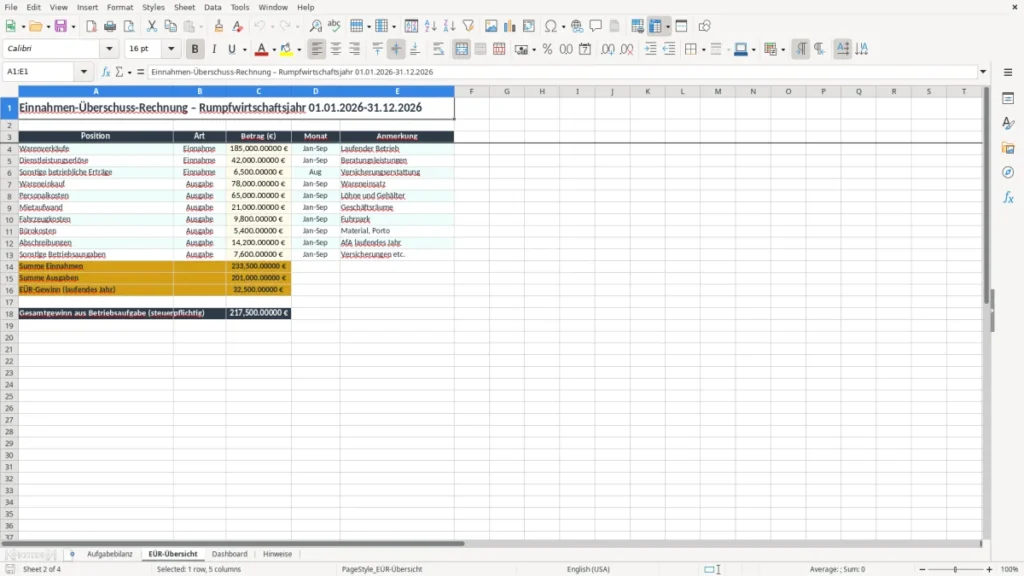 EÜR-Übersicht – Aufgabebilanz EÜR Excel – Kostenlose Vorlage (2026)
