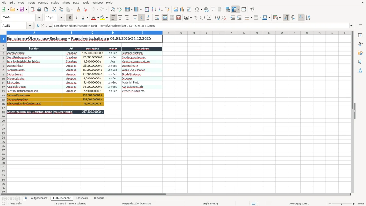Screenshot 2: Arbeitsblatt EÜR-Übersicht - Excel-Vorlage aufgabebilanz eur excel