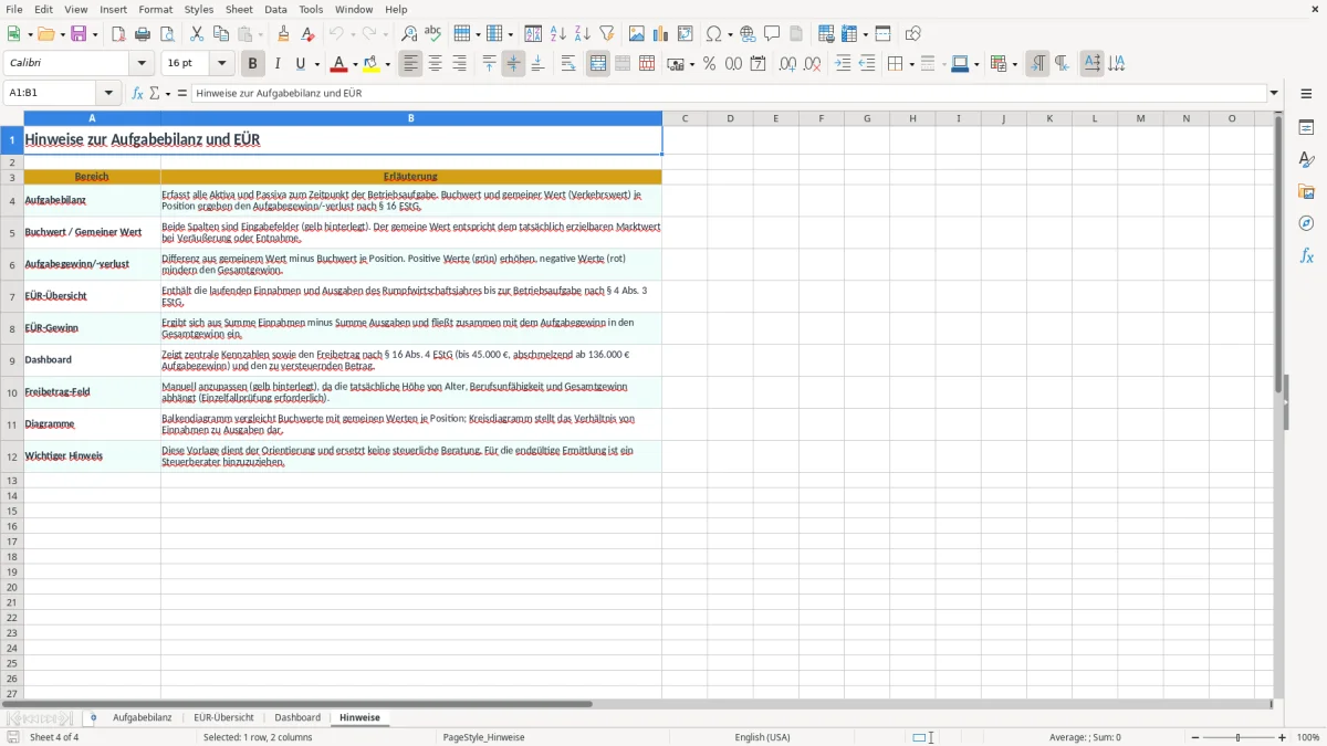 Screenshot 4: Arbeitsblatt Hinweise - Excel-Vorlage aufgabebilanz eur excel