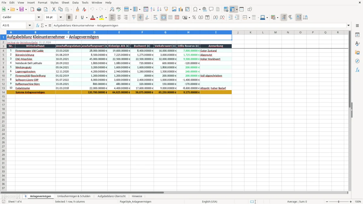 Screenshot 1: Arbeitsblatt Anlagevermögen - Excel-Vorlage aufgabebilanz kleinunternehmer excel
