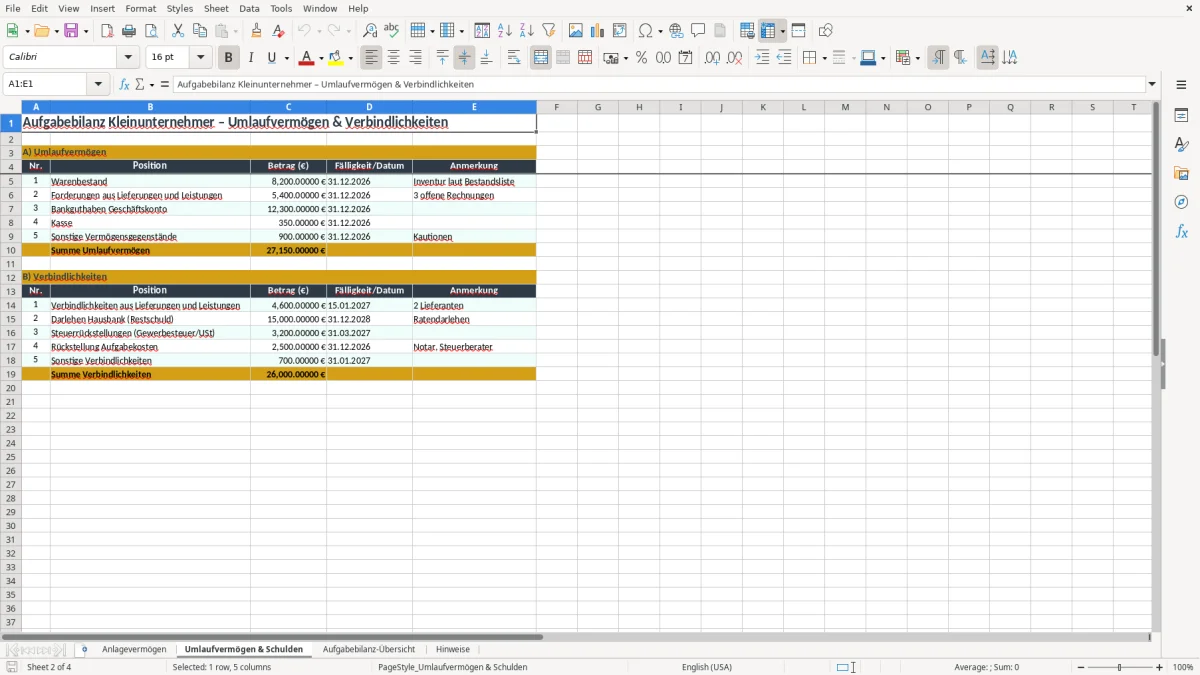 Screenshot 2: Arbeitsblatt Umlaufvermögen & Schulden - Excel-Vorlage aufgabebilanz kleinunternehmer excel