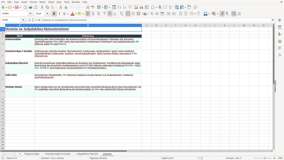 Screenshot 4: Arbeitsblatt Hinweise - Excel-Vorlage aufgabebilanz kleinunternehmer excel