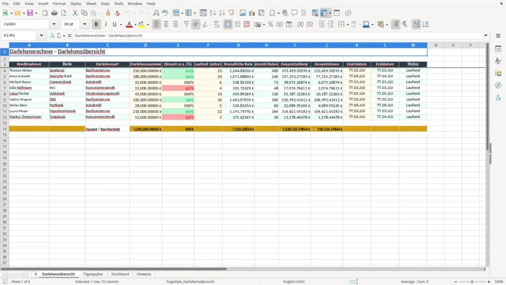 Darlehensübersicht – Darlehensrechner Excel – Kostenlose Vorlage (2026)