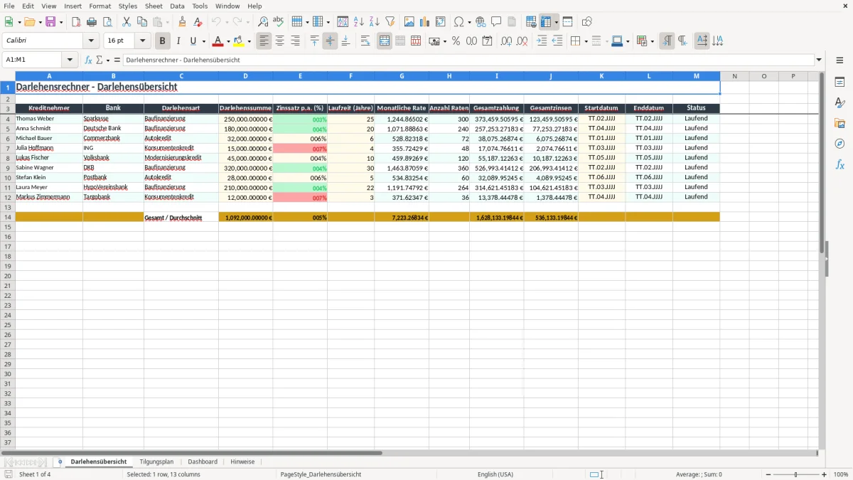 Screenshot 1: Arbeitsblatt Darlehensübersicht - Excel-Vorlage darlehensrechner excel