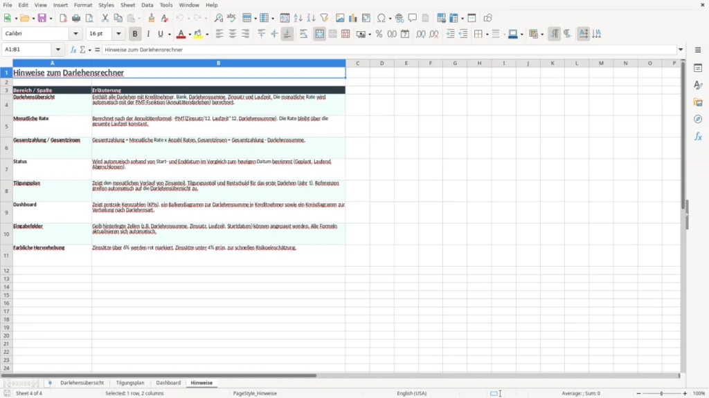Hinweise – Darlehensrechner Excel – Kostenlose Vorlage (2026)