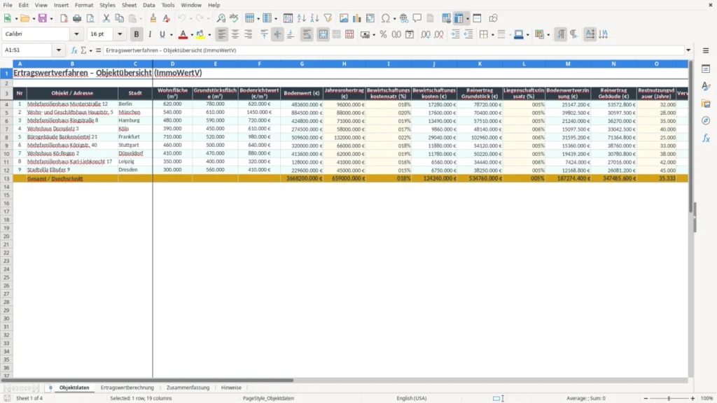 Objektdaten – Ertragswertverfahren Rechner Excel – Vorlage (2026)