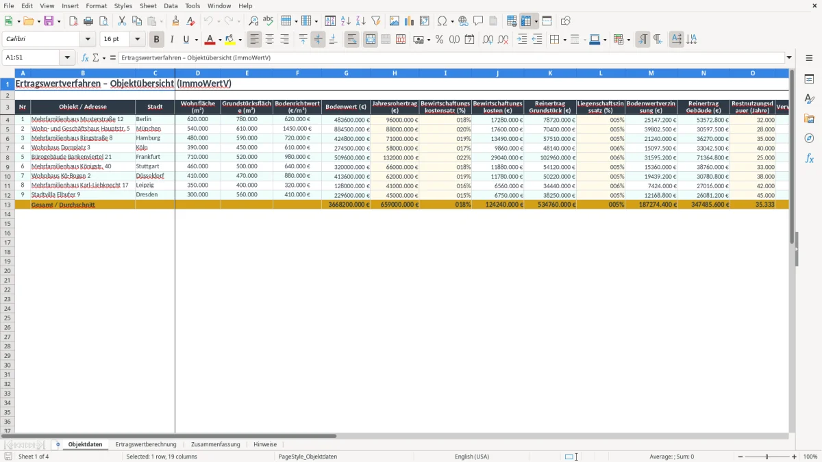 Screenshot 1: Arbeitsblatt Objektdaten - Excel-Vorlage ertragswertverfahren rechner excel