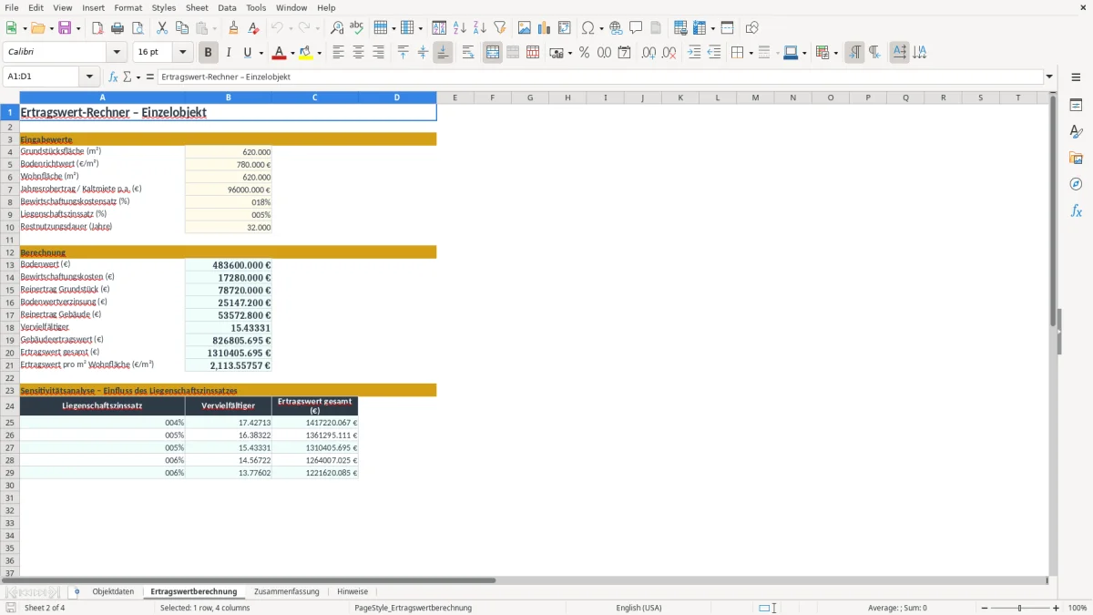 Screenshot 2: Arbeitsblatt Ertragswertberechnung - Excel-Vorlage ertragswertverfahren rechner excel