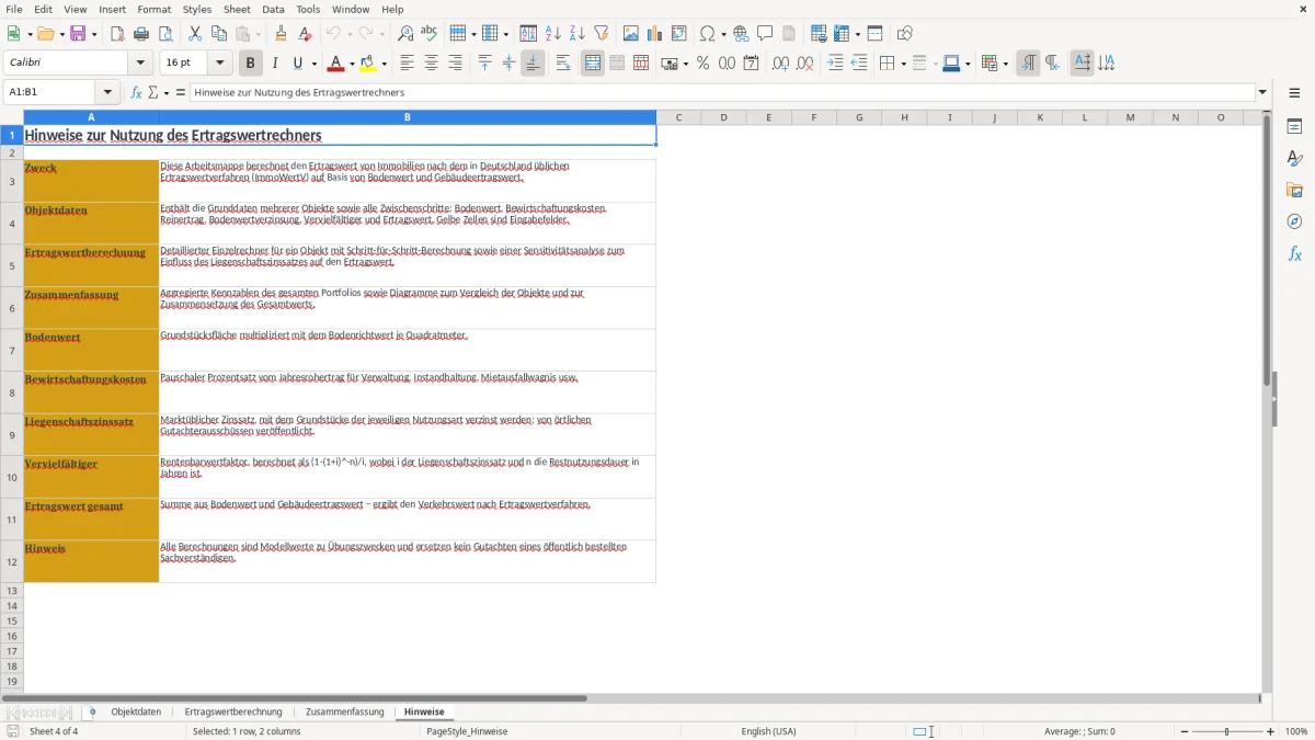 Screenshot 4: Arbeitsblatt Hinweise - Excel-Vorlage ertragswertverfahren rechner excel
