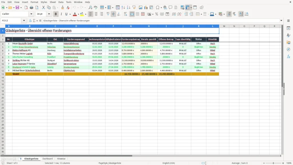 Gläubigerliste – Gläubigerliste Excel – Kostenlose Vorlage (2026)