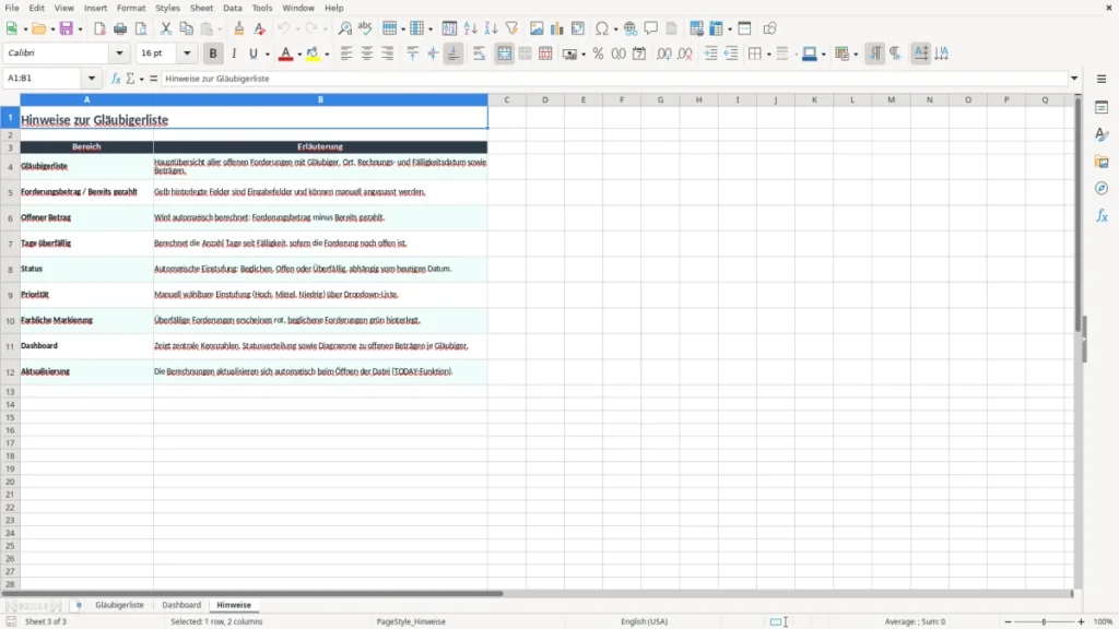 Hinweise – Gläubigerliste Excel – Kostenlose Vorlage (2026)