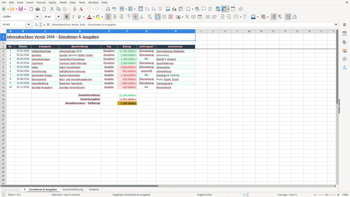 Screenshot 1: Arbeitsblatt Einnahmen & Ausgaben - Excel-Vorlage jahresabschluss verein excel
