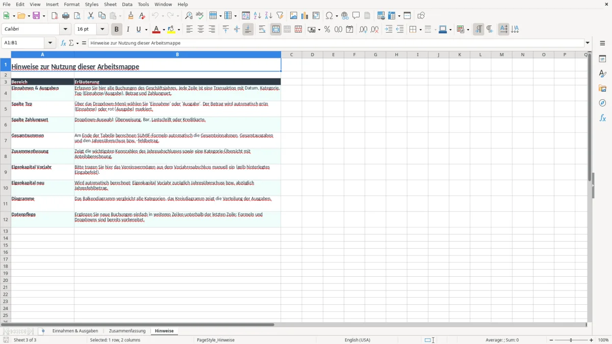 Screenshot 3: Arbeitsblatt Hinweise - Excel-Vorlage jahresabschluss verein excel