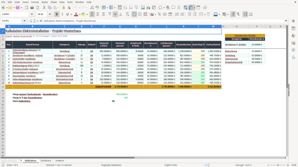 Kalkulation – Elektroinstallation Excel – Kostenlose Vorlage (2026)