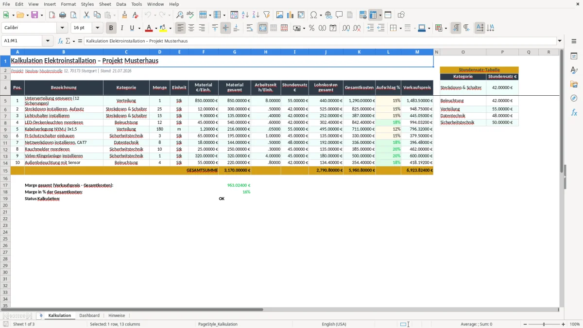 Screenshot 1: Arbeitsblatt Kalkulation - Excel-Vorlage kalkulation elektroinstallation excel