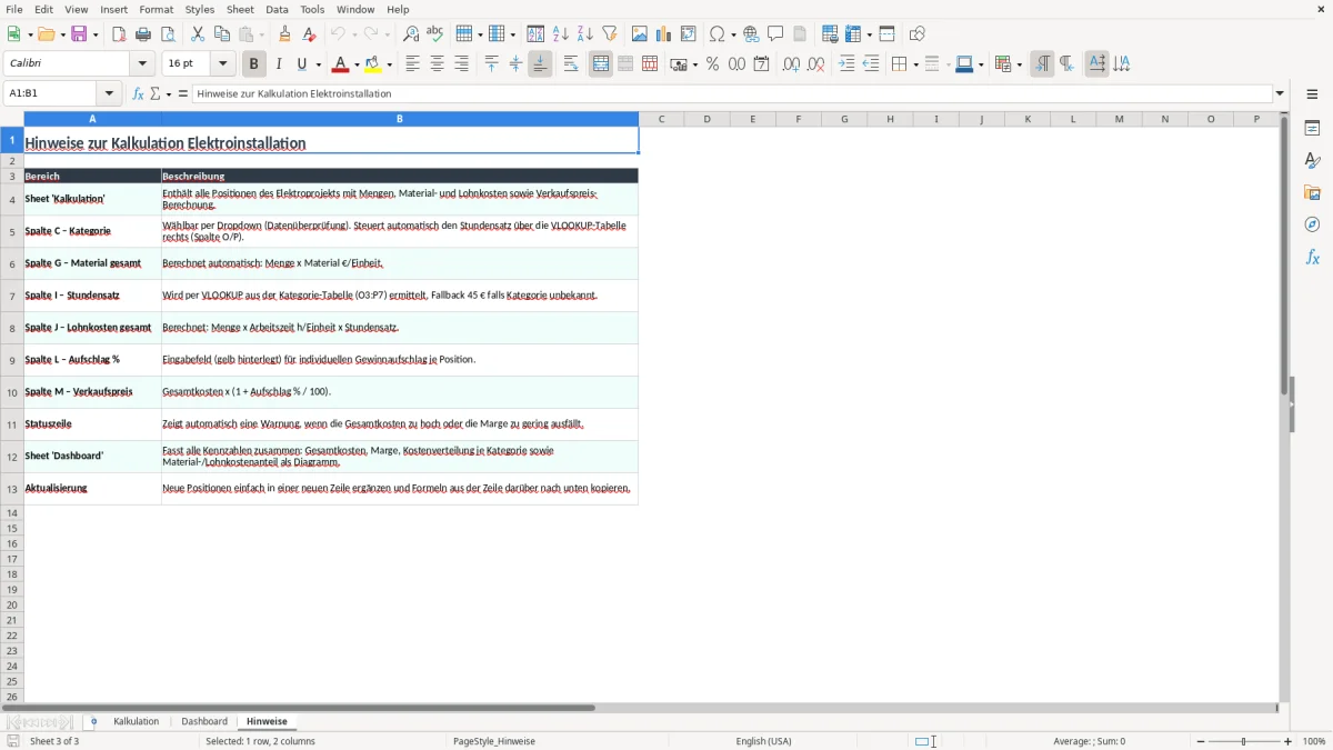 Screenshot 3: Arbeitsblatt Hinweise - Excel-Vorlage kalkulation elektroinstallation excel