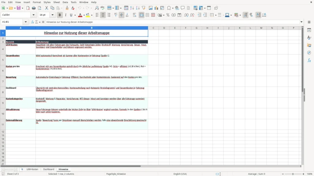 Hinweise – LKW-Kosten Excel – Kostenlose Vorlage (2026)