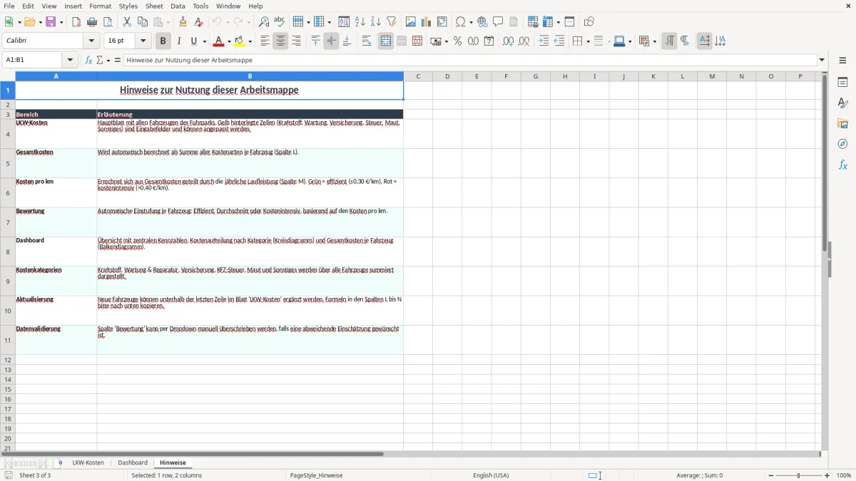 Screenshot 3: Arbeitsblatt Hinweise - Excel-Vorlage kalkulation lkw kosten excel
