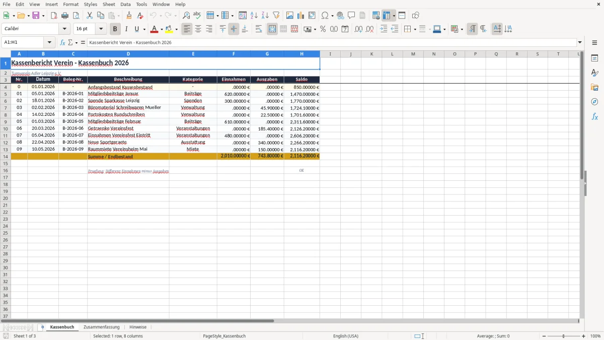 Screenshot 1: Arbeitsblatt Kassenbuch - Excel-Vorlage kassenbericht verein excel