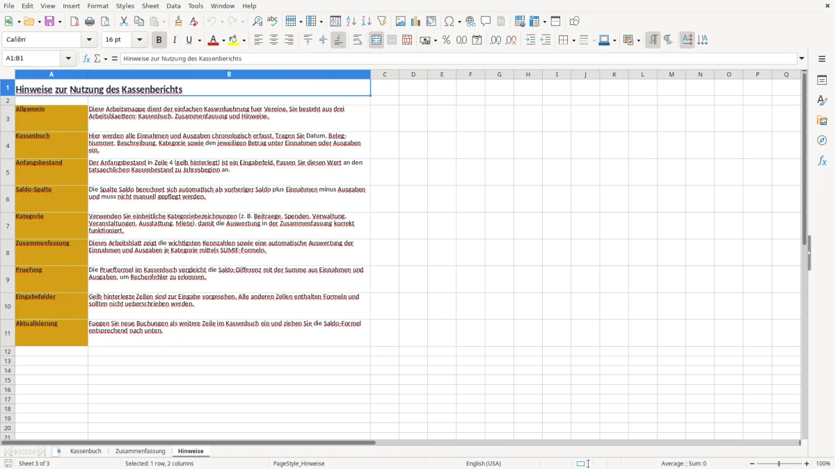 Screenshot 3: Arbeitsblatt Hinweise - Excel-Vorlage kassenbericht verein excel
