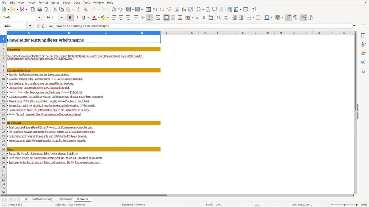 Screenshot 3: Arbeitsblatt Hinweise - Excel-Vorlage kostenaufstellung sanierung excel