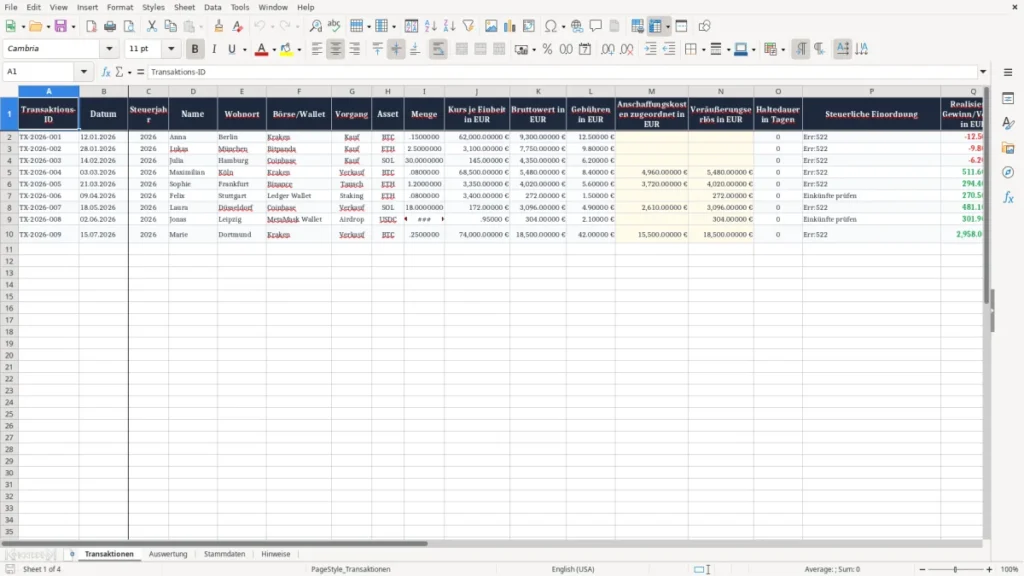 Transaktionen – Krypto Steuer Excel Vorlage