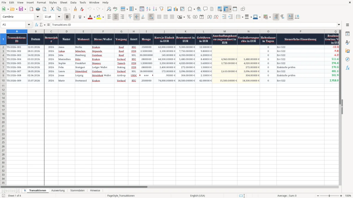 Screenshot 1: Arbeitsblatt Transaktionen - Excel-Vorlage krypto steuer excel
