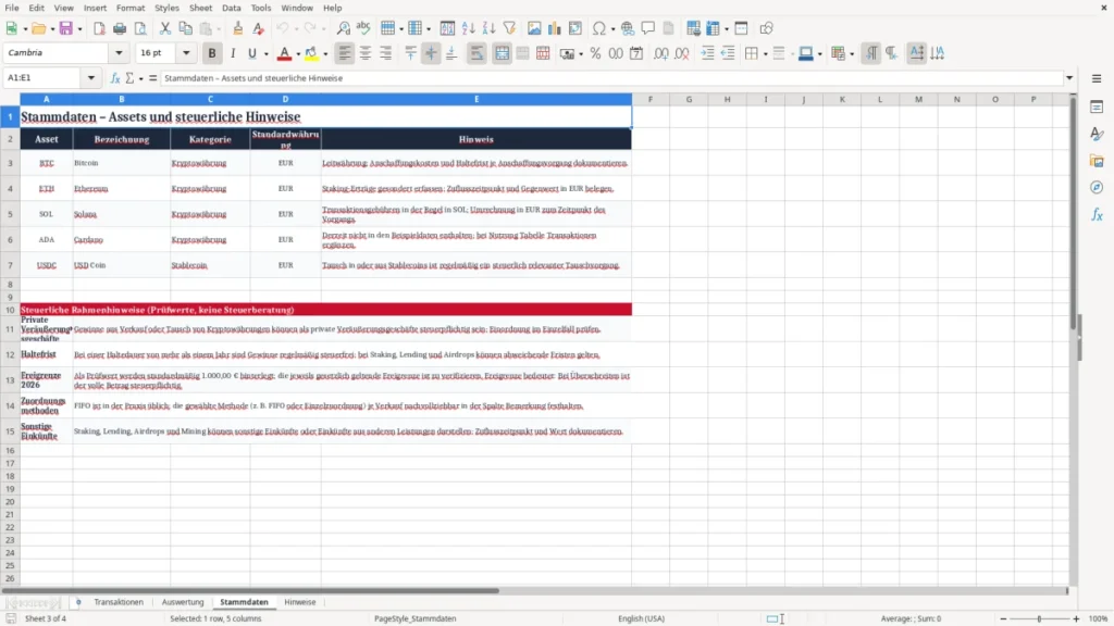 Stammdaten – Krypto Steuer Excel Vorlage