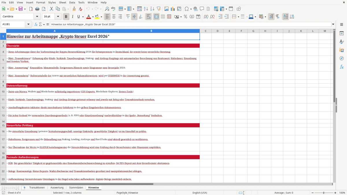 Screenshot 4: Arbeitsblatt Hinweise - Excel-Vorlage krypto steuer excel