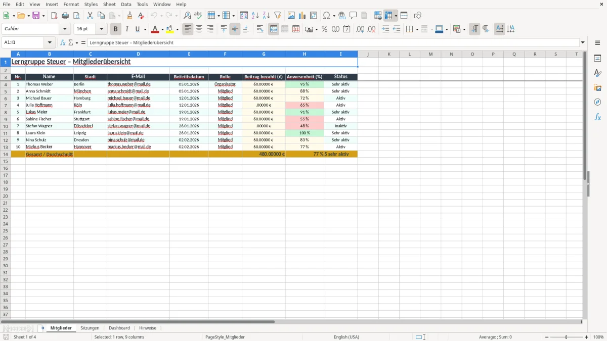 Screenshot 1: Arbeitsblatt Mitglieder - Excel-Vorlage lerngruppe steuer excel