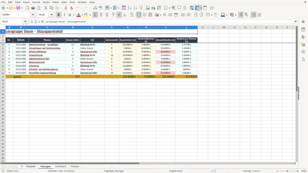 Sitzungen – Lerngruppe Steuer Excel – Kostenlose Vorlage (2026)