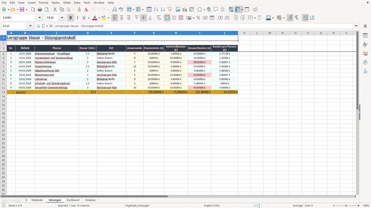 Screenshot 2: Arbeitsblatt Sitzungen - Excel-Vorlage lerngruppe steuer excel