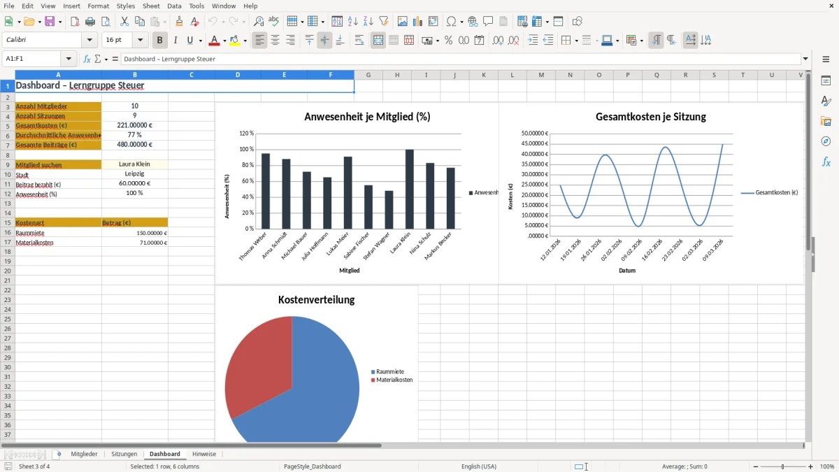 Screenshot 3: Arbeitsblatt Dashboard - Excel-Vorlage lerngruppe steuer excel