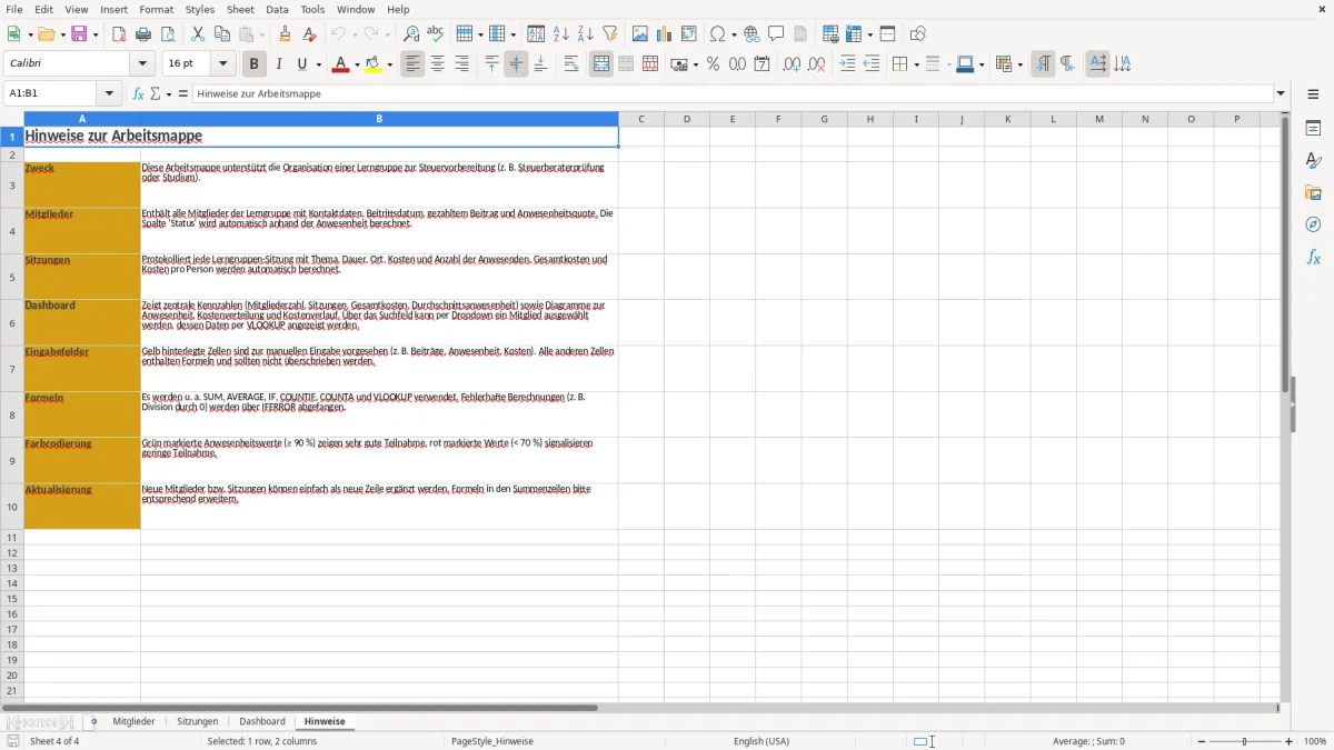 Screenshot 4: Arbeitsblatt Hinweise - Excel-Vorlage lerngruppe steuer excel
