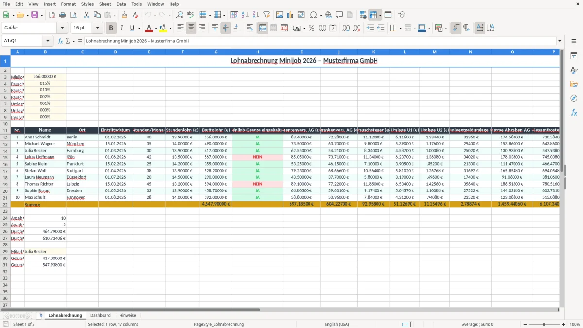 Screenshot 1: Arbeitsblatt Lohnabrechnung - Excel-Vorlage lohnabrechnung minijob excel