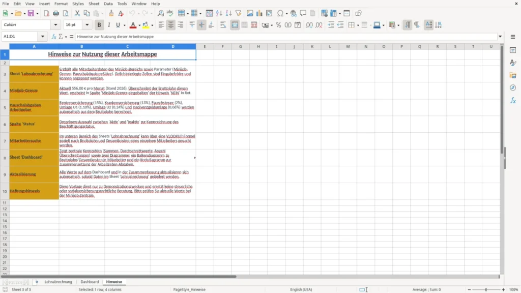 Hinweise – Lohnabrechnung Minijob Excel – Kostenlose Vorlage (2026)