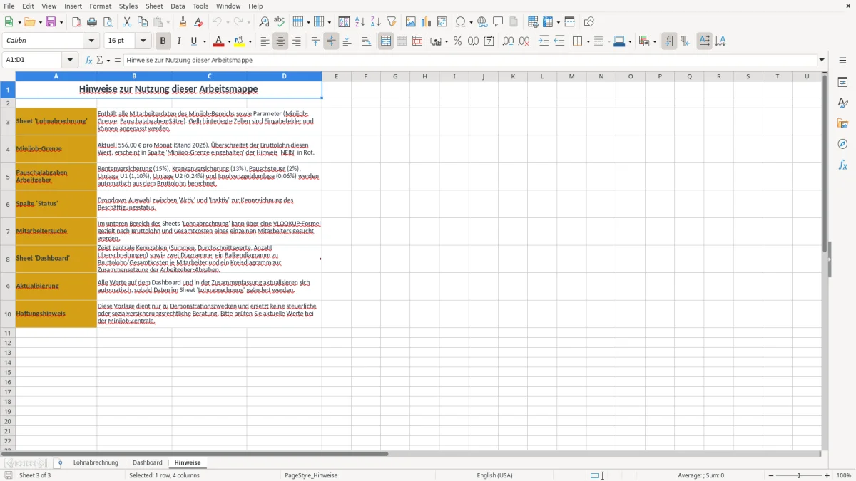 Screenshot 3: Arbeitsblatt Hinweise - Excel-Vorlage lohnabrechnung minijob excel