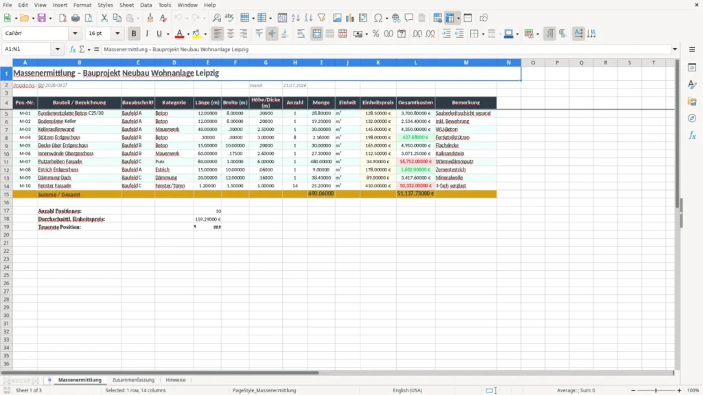 Massenermittlung – Massenermittlung Excel – Kostenlose Vorlage (2026)