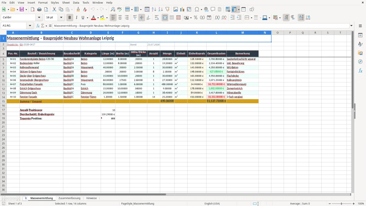 Screenshot 1: Arbeitsblatt Massenermittlung - Excel-Vorlage massenermittlung excel