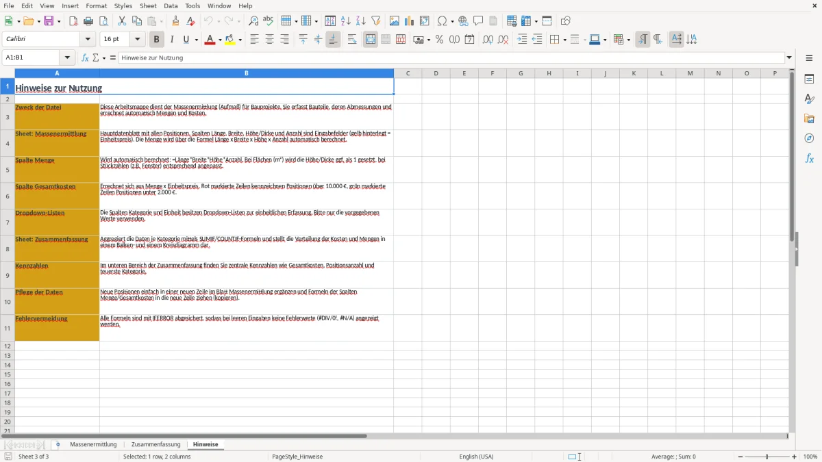 Screenshot 3: Arbeitsblatt Hinweise - Excel-Vorlage massenermittlung excel