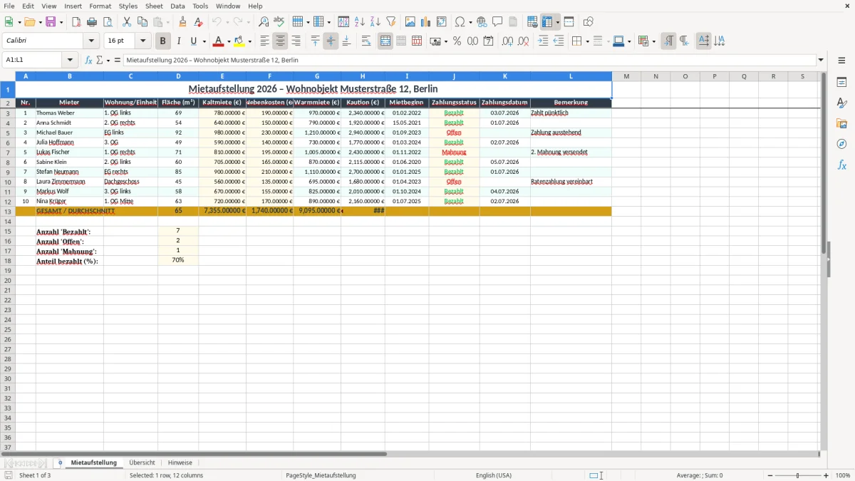 Screenshot 1: Arbeitsblatt Mietaufstellung - Excel-Vorlage mietaufstellung excel