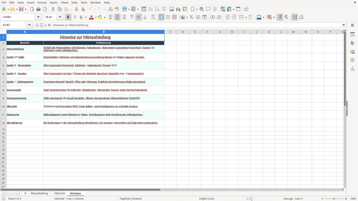 Screenshot 3: Arbeitsblatt Hinweise - Excel-Vorlage mietaufstellung excel