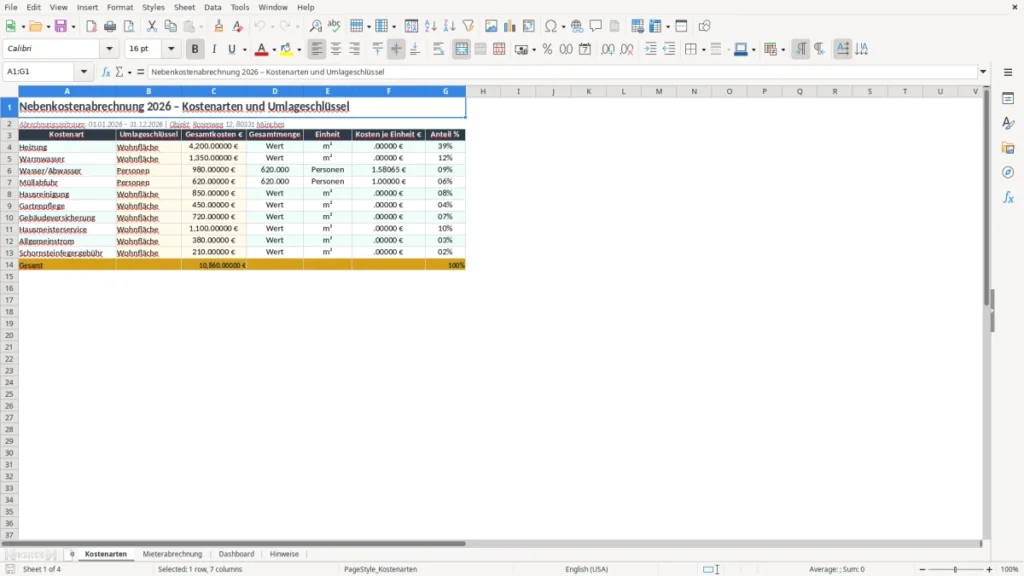 Kostenarten – Nebenkostenabrechnung Excel – Kostenlose Vorlage (2026)