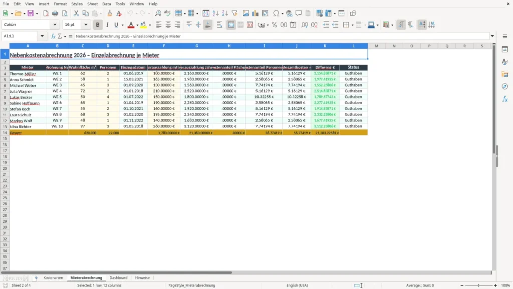 Mieterabrechnung – Nebenkostenabrechnung Excel – Kostenlose Vorlage (2026)