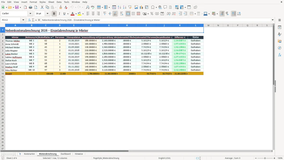 Screenshot 2: Arbeitsblatt Mieterabrechnung - Excel-Vorlage nebenkostenabrechnung excel