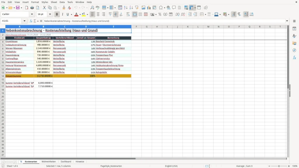 Kostenarten – Nebenkostenabrechnung Excel – Kostenlose Vorlage (2026)